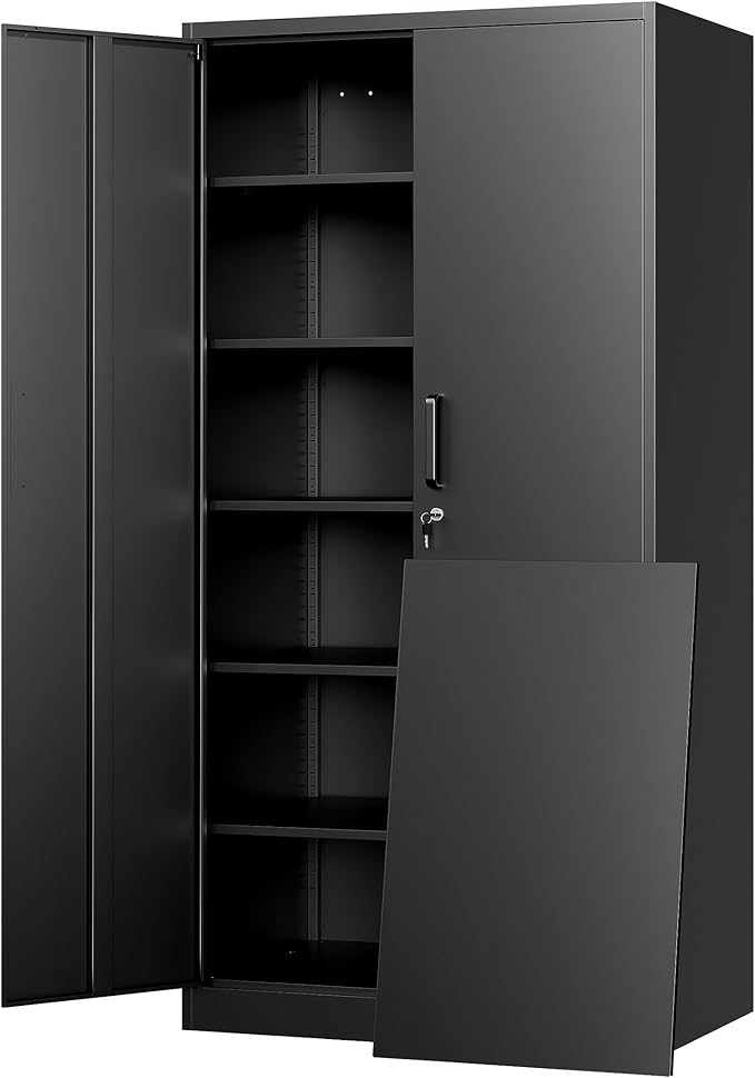 Yizosh Metal Storage Cabinet with Lock - 72" Garage Storage Cabinet with 2 Locking Doors and 5 Adjustable Shelves, Black Steel Lockable for Office,Home,Garage