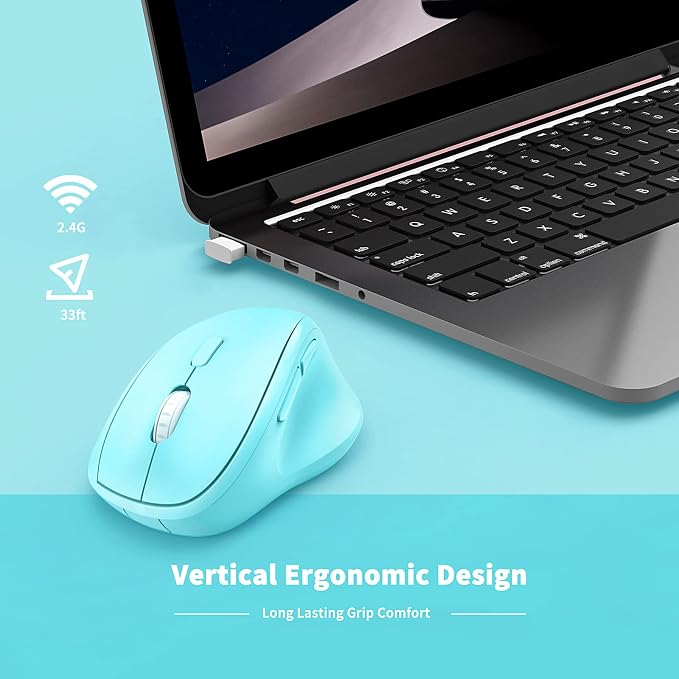 Ergonomic Wireless Mouse with USB Receiver for PC Computer, Laptop and Desktop, Ergo Mouse Vertical with Silent Clicks Long Battery Life, Up to 1600 DPI & 1 AA Battery Powered, Blue
