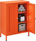 Bevivog Orange Metal Locker Cabinet with 2 Doors and 2 Adjustable Shelves, Small Accent Cabinet Bathroom Floor Storage Cabinets Short Sideboard for Entryway, Living Room, Hallway