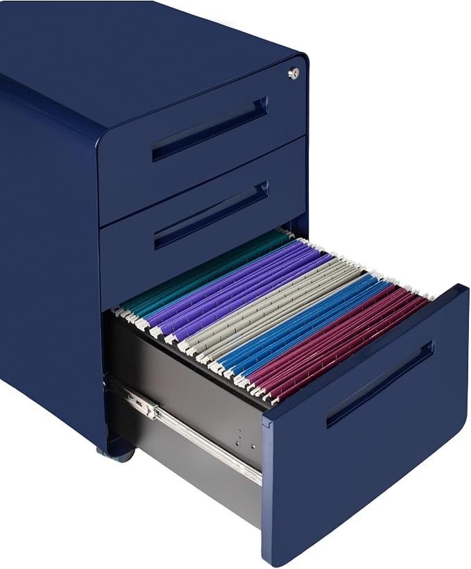 Laura Davidson Furniture Stockpile 3 Drawer File Cabinet with Lock - Under Office Desk Metal Filing Cabinet, Legal/Letter File Folders, Wheels and Stationary Feet, Pre-Assembled, Navy Blue