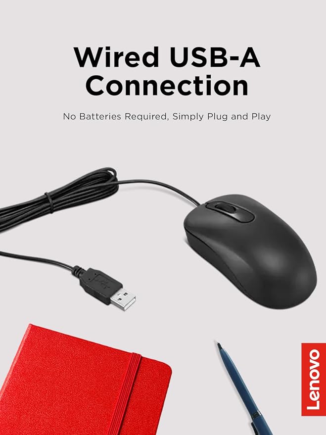 Lenovo 100 Wired USB Computer Mouse for PC, Laptop, Computer with Windows - Full-Size - Ambidextrous Design - 3 Buttons - Red Optical Sensor – Black