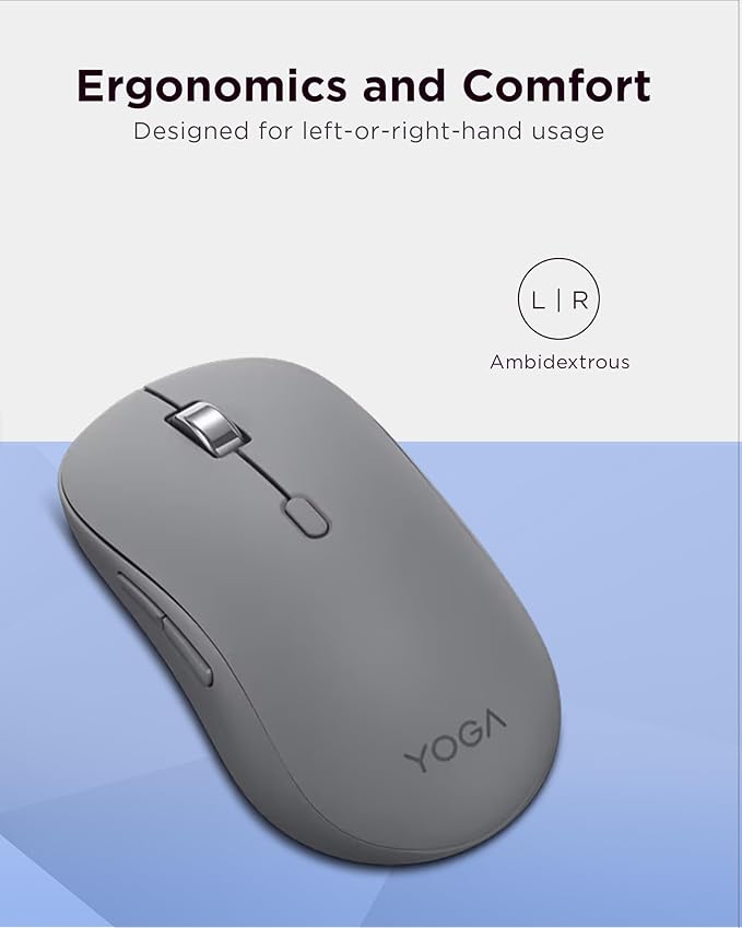 Lenovo Yoga Bluetooth Silent Mouse, 3 Level DPI Adjustment, 36 Month Battery Life, Bluetooth 5.3, 3 Device Paring, Whisper Quiet, Programmable Buttons, Smooth Finish, Luna Grey