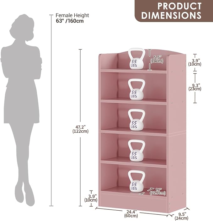 ALISENED 5-Tier Bookcase, Open Bookshelves and Bookcases with Storage Shelves, Floor Standing Unit, Display Storage Shelves for Bedroom Library Living Room Home Office, Pink