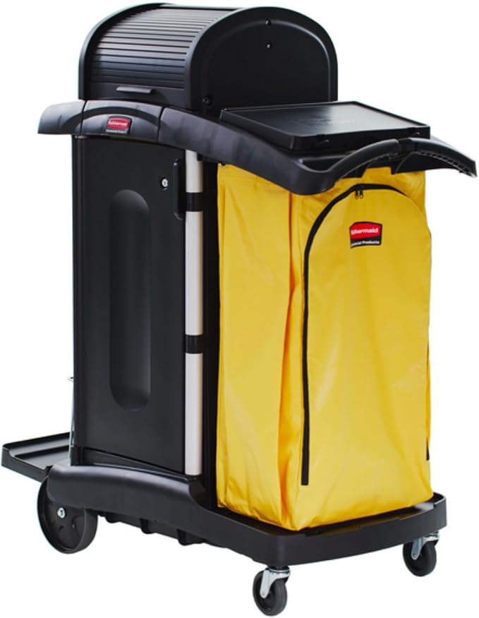 Rubbermaid Commercial High Security Housekeeping Janitorial Cart with Wheels, Yellow Vinyl Bag, Locking Hood and Cabinets for Commercial Facility/Hotel/Stadium/School/Office