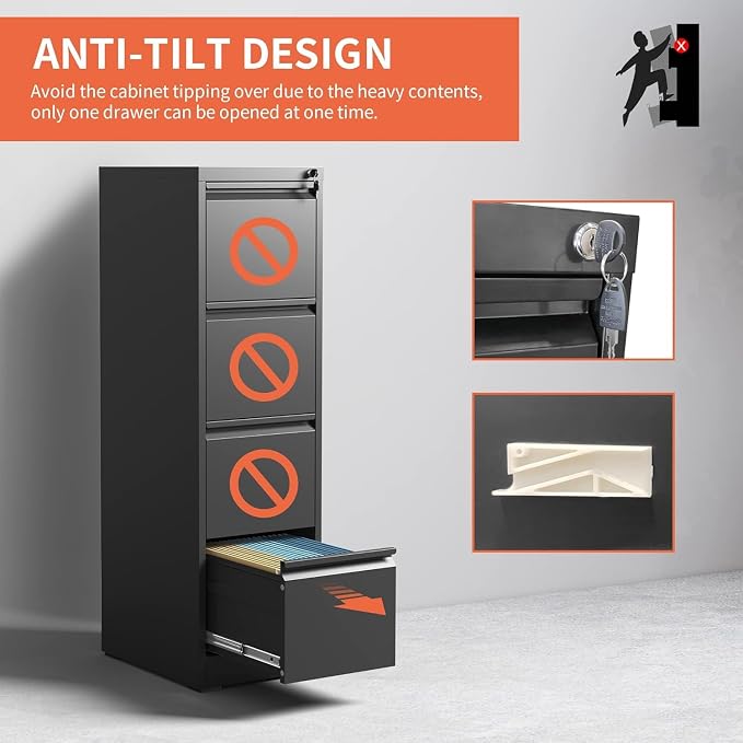 4 Drawer File Cabinet with Lock, Steel Vertical Filing Cabinets for Home Office, Metal Storage Cabinet for Hanging Legal/Letter Size Files, Assembly Required (Black)