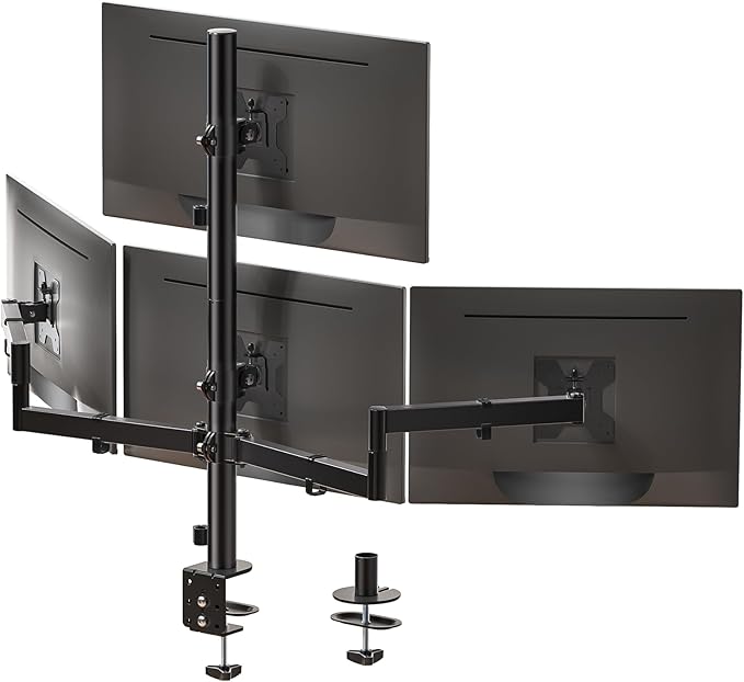 WALI Quad Monitor Mount for 13-27 Inch Screens, Fully Adjustable 4 Monitor Stand with Swivel, Tilt, Rotation, Clamp & Grommet Base Kit, Max Load 22lbs per Screen (M004S), Black