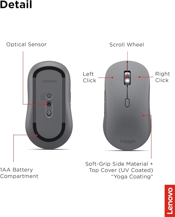 Lenovo Yoga Bluetooth Silent Mouse, 3 Level DPI Adjustment, 36 Month Battery Life, Bluetooth 5.3, 3 Device Paring, Whisper Quiet, Programmable Buttons, Smooth Finish, Luna Grey