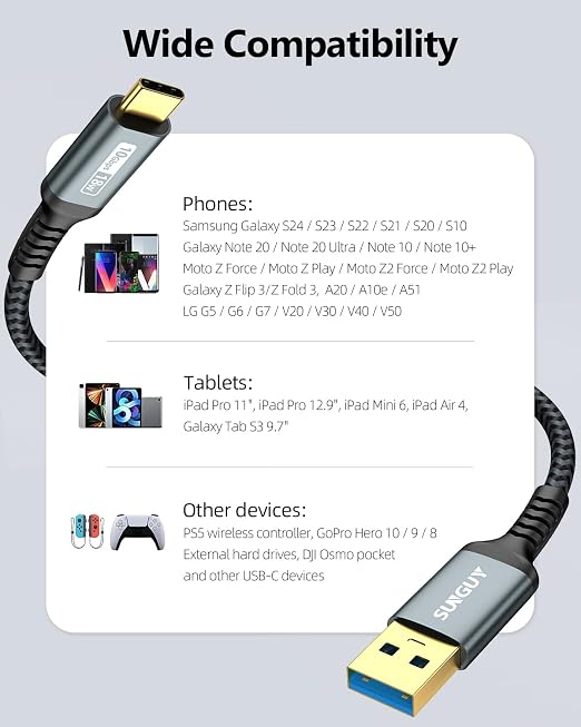 SUNGUY 2-Pack 5FT USB C 3.1 Gen 2 Braided 3A Fast Charging & 10Gbps Data Transfer USB C CarPlay Cable for iPhone 17/16/15 Pro Max, Galaxy S22 S21 Note 20, Pixel 6 5