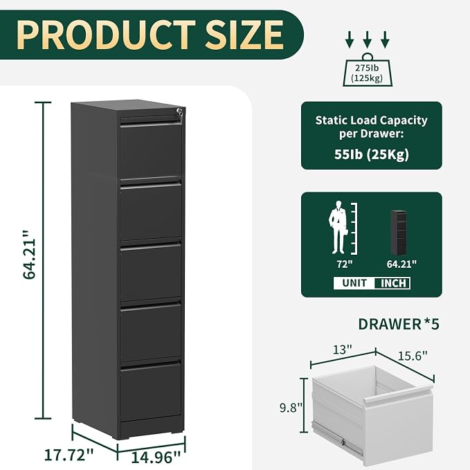 5 Drawer File Cabinet with Lock, Vertical File Cabinet with Lock, Locking File Cabinet Hanging Files for A4/ Legal/Letter, Require Assembly, Black