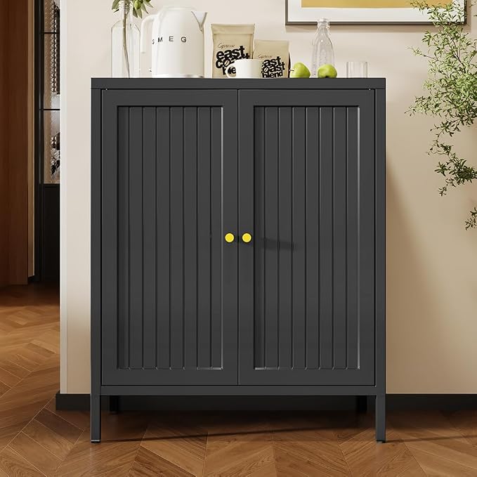 2 Door Metal Storage Cabinet-Small Bathroom Storage Cabinet with 1 Adjustable Shelf,Freestanding Sideboard for Home Office, Living Room, Hallway, Entryway(Striped Door, Black)