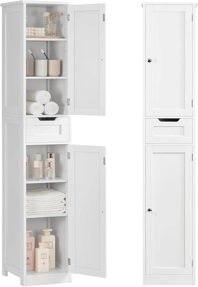 Iwell Tall Bathroom Cabinet, Slim Narrow Bathroom Storage Cabinet with Adjustable Shelves, Storage Cabinets with 1 Drawer, for Bathroom, Living Room, Entryway, Kitchen, White