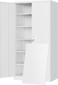72"H Metal Storage Cabinets, Tall Locking Garage Cabinet with 2 Doors and 5 Adjustable Shelves, Steel Utility Tool Caninet, White Lockable Outdoor Storage Cabnet for Pantry, Garage, Home Office