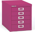 Bisley 5-Drawer Steel MultiDrawer Cabinet - Fuchsia | Chrome Pull Handles with Label Holders, Powder-Coated Steel, Removable Drawers, Desktop Storage, Labels Included