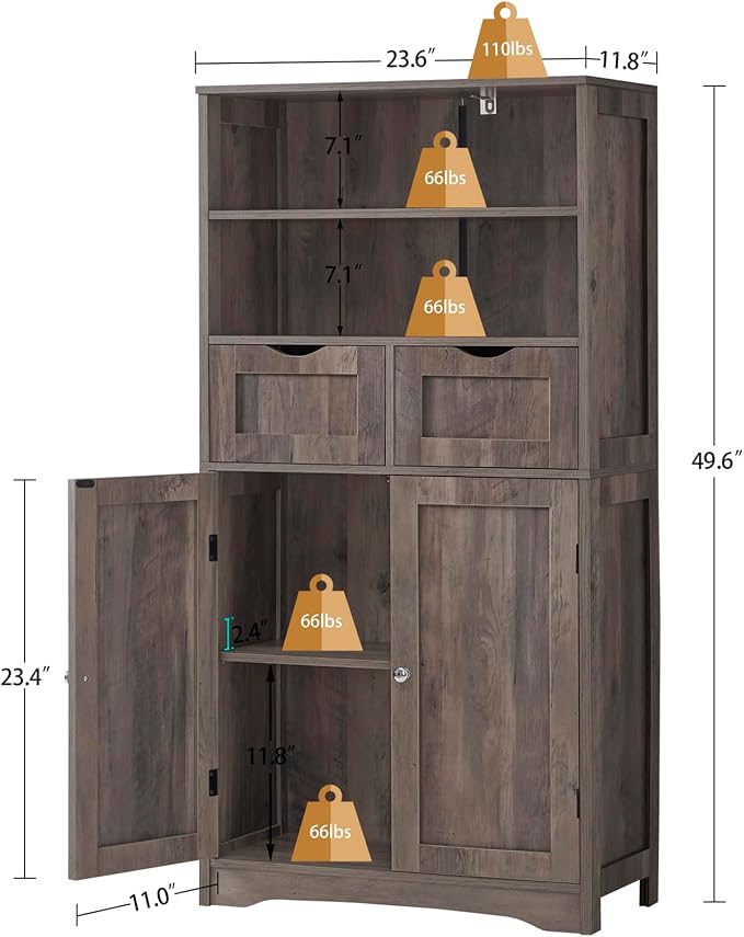 Iwell Tall Storage Cabinet with 2 Drawers & Adjustable Shelf, Bathroom Cabinet with Doors, Kitchen Pantry Storage Cabinets, Cupboard for Living Room, Dining Room, Entryway, Rustic Gray