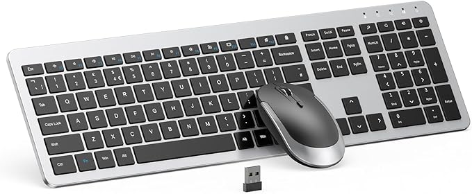 Wireless Keyboard and Mouse Combo - seenda Full Size Slim Thin Wireless Keyboard Mouse with On/Off Switch on Both Keyboard and Mouse - (Black and Silver)