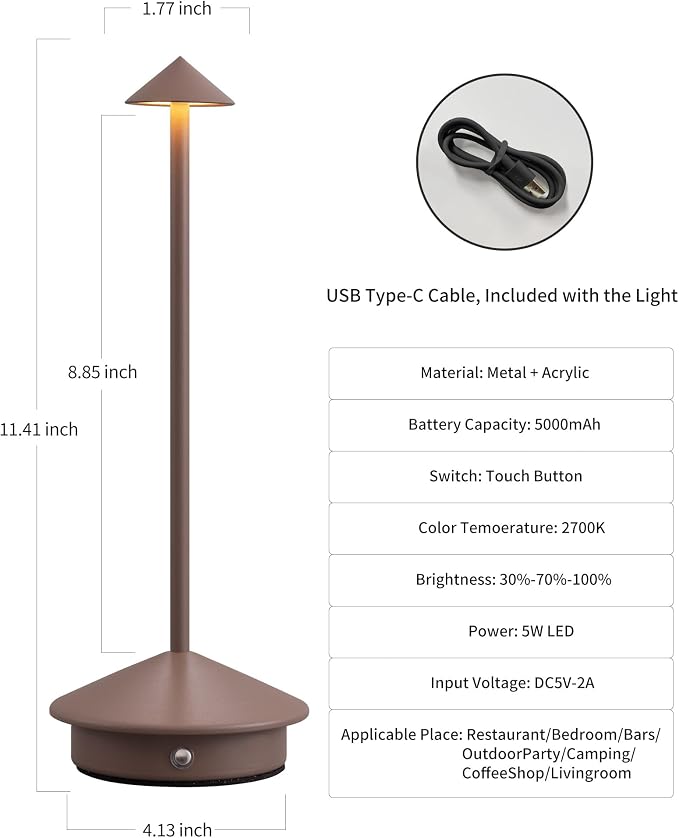 Modern Cordless Table Lamp Set of 2, Portable LED Desk Lamps, 5000mAh Rechargeable Battery Operated Lighting for Bedroom Dining Room Restaurant Coffee Shop Camping Night Light (Brown)