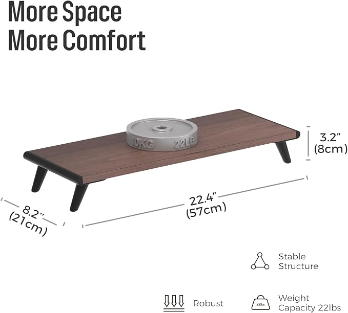 loukin Monitor Stand Riser for Desk, 22.4" x 8.3" Larger Computer Stand for Laptop, PC, Printer, Sturdy Desktop Computer Shelf with Non-Skid Rubber, Home Office (Brown)