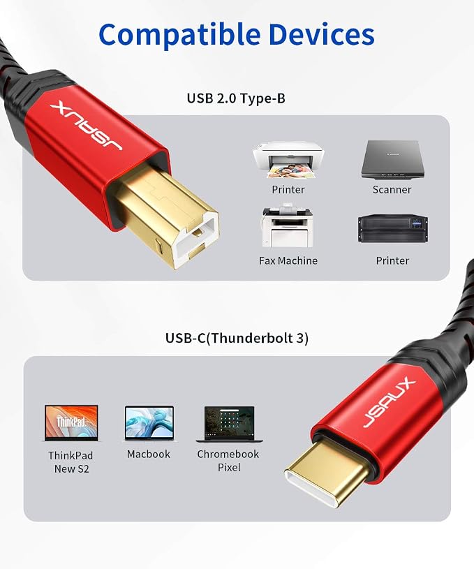 JSAUX USB B to USB C Cable 10ft, USB C Printer Cable Compatible with MacBook Pro, HP, Epson, Canon, Brother, Lexmark, Xerox Printers and Scanner-Red (Pack of 2)