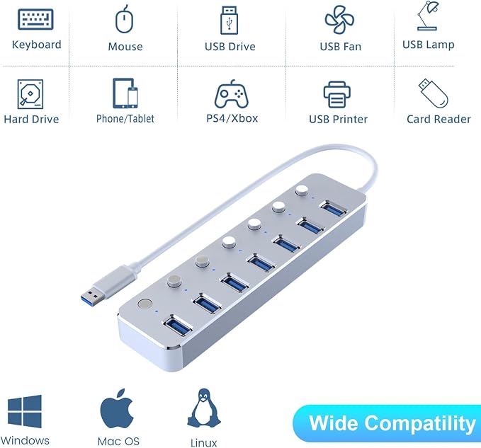 USB 3.0 Hub 7 Port USB Hub with 2ft Long Cable Aluminum USB Hub for Laptop and PC with Individual On/Off Switch and LED Indicator