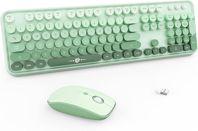 FOPETT Wireless Keyboard and Mouse Combo - 2.4G Full-Sized Cute Colorful Mouse and Keyboard with 104 Round Keys Retro Typewriter Keyboard for Laptop/Windows/PC - Green Gradient