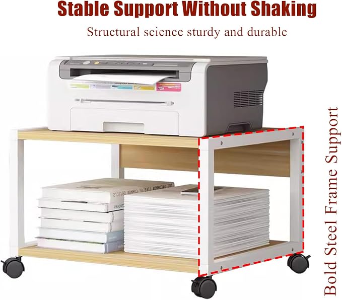 2 Tiers Rolling Under Desk Printer Stand,Office Movable Printer Desk with 4 Wheels & Lock Mechanism,Heavy Duty Storage Rack for Office and Home(Internal Height 15cm(5.9in), Black)