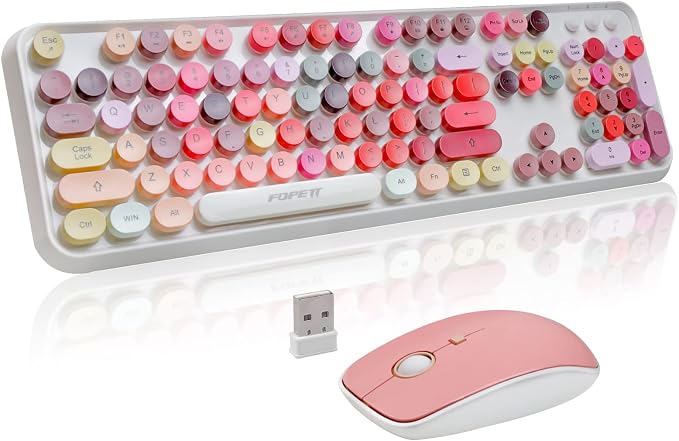 FOPETT Wireless Keyboard and Mouse Sets,Reliable 2.4 GHz Connectivity for PC,Laptop,Smart TV and More (White Colorful)