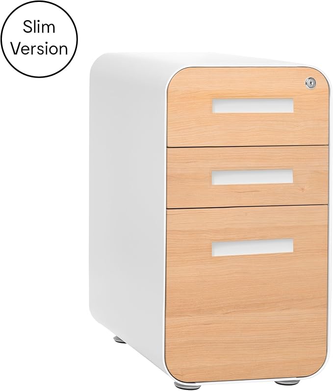 Laura Davidson Furniture Stockpile Slim 3-Drawer Mobile File Cabinet with Lock - Under Desk Metal Filing Cabinet, Legal/Letter File Folders, Wheels & Stationary Feet, Assembled, White/Wood Faceplate