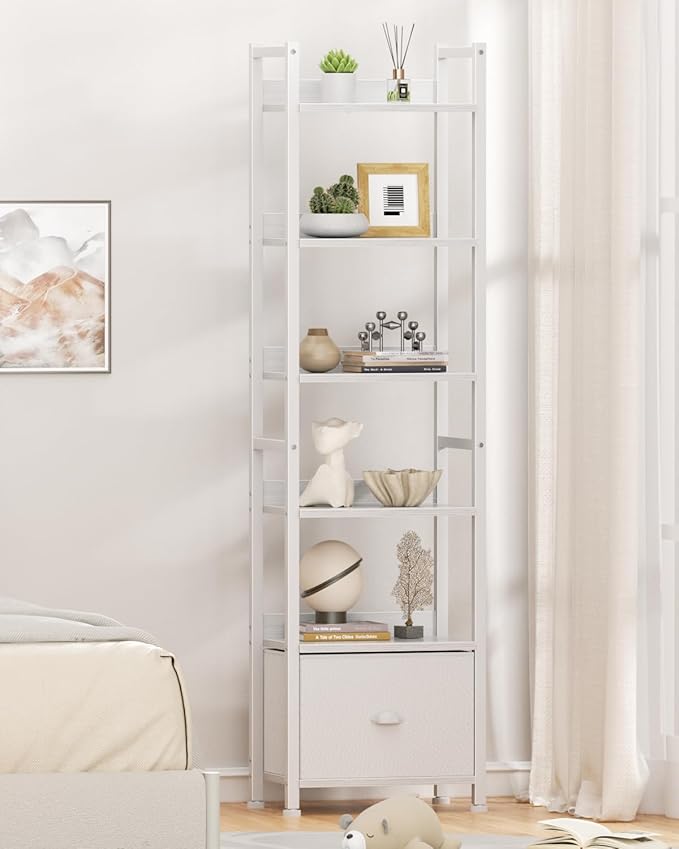 Furologee 6 Tier Bookshelf, Tall Shelf with Drawer, Wood and Metal Bookshelves Storage Organizer, Modern Display Shelving Unit for Bedroom, Living Room, Home Office, White