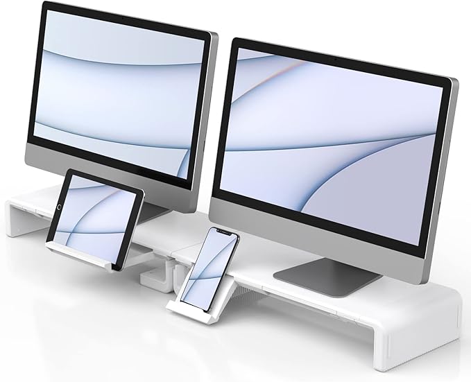 Monitor Stand Riser, Klearlook Foldable Computer Monitor Riser, Height Adjustable Computer Stand, Desk Shelf Riser with Storage Drawer & Tablet Phone Stand for Computer, Desktop, Laptop (White 2 Pack)