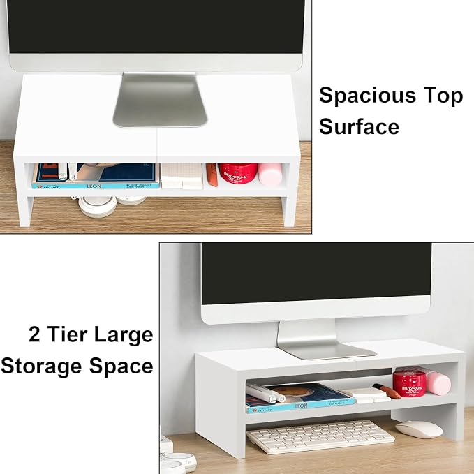 TEAMIX 2 Tier White Monitor Riser Stand, Wood Desktop Stand with storage for Laptop/PC/Printer/Keyboard, TV Stand Shelf Home Office Desk Accessories