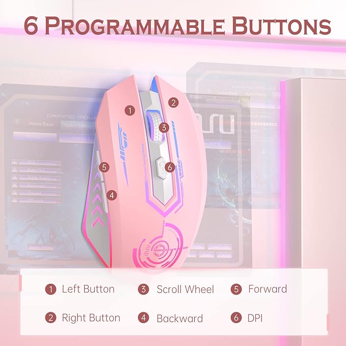 UHURU Gaming Mouse, Wireless Gaming Mouse with 6 Buttons 7 Changeable LED Color up to 10000 DPI, Rechargeable USB Gamer Mouse for PC Laptop (Pink)