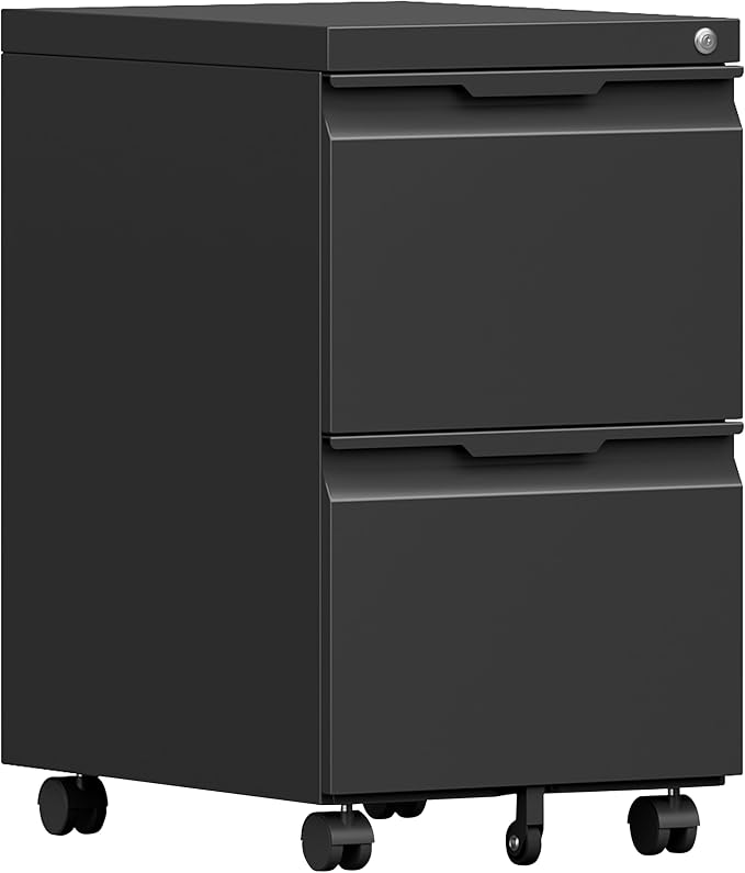 2 Drawer File Cabinet with Lock,Rolling Vertical File Cabinets for Home Office,Small Metal Filing Cabinet Office Drawers Under Desk for A4-Size/Letter-Size/Legal-Size- Assembly Required/Black