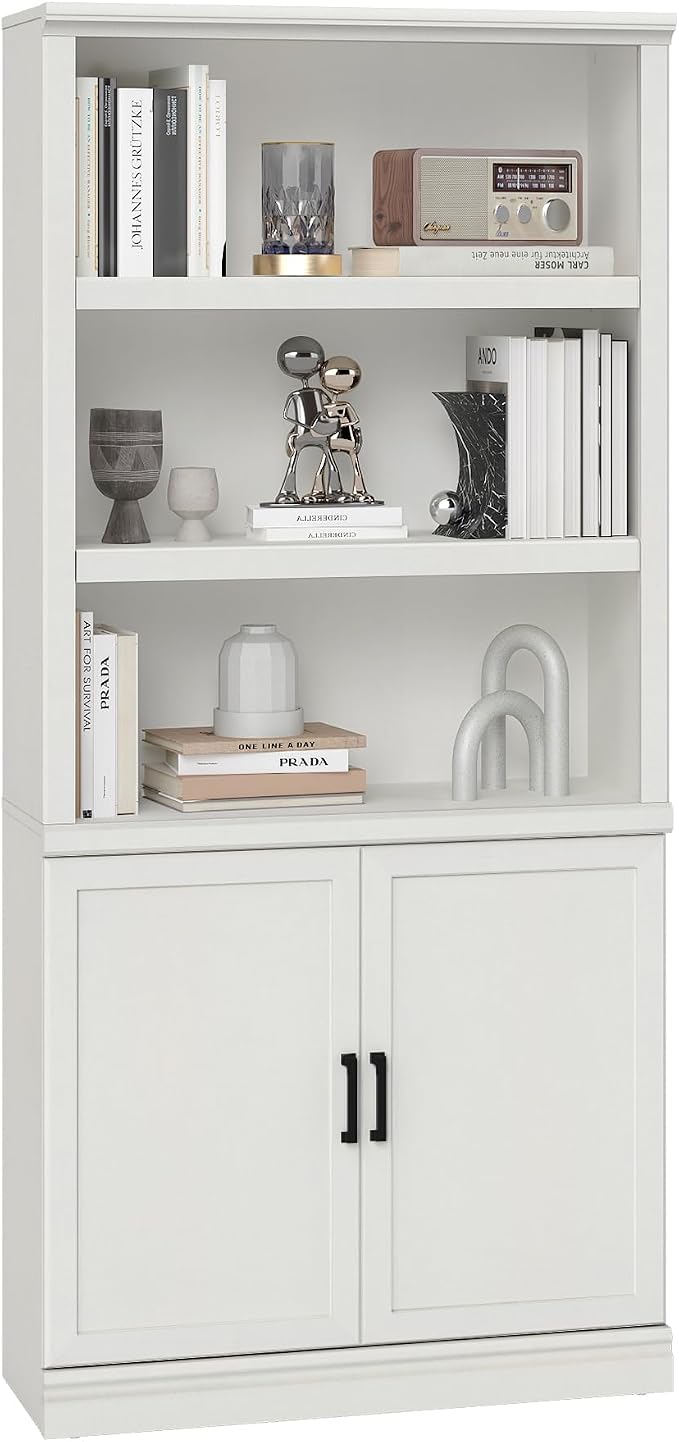 blini 5 Shelf Tall Bookcase with Doors White Bookshelf 31in Wide Display Standing Storage Shelf 72in Tall Wood Book Shelves for Bedroom Living Room Office Library