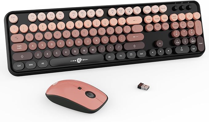 FOPETT Wireless Keyboard and Mouse Combo - 2.4G Full-Sized Cute Colorful Mouse and Keyboard with 104 Round Keys Retro Typewriter Keyboard for Laptop/Windows/PC - Pink Gradient