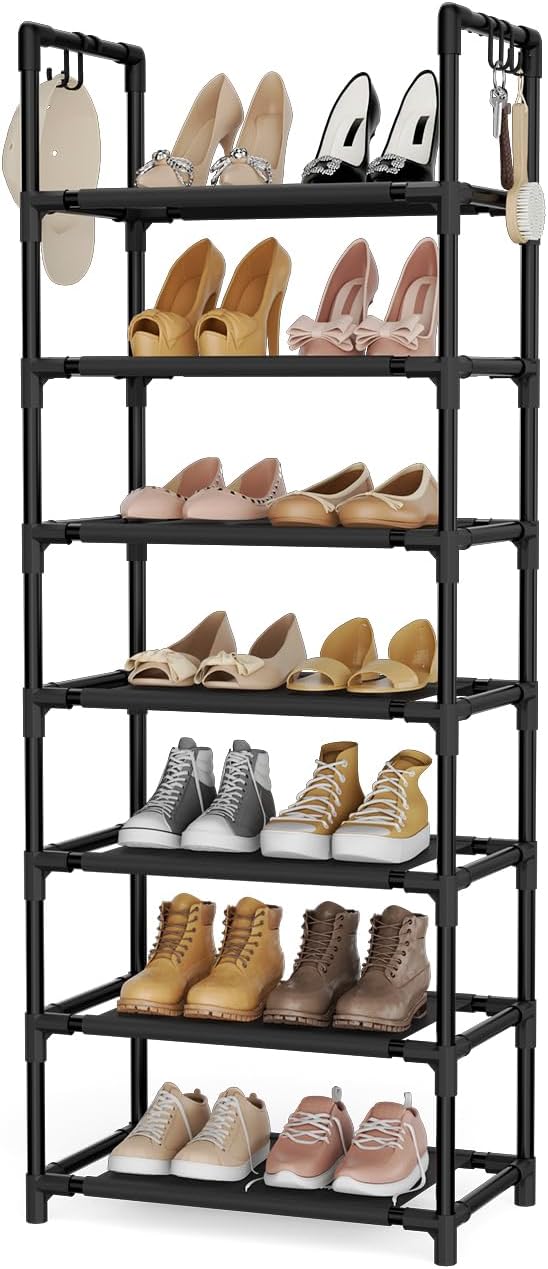 LANTEFUL 7 Tiers Shoe Rack 18-20 Pairs Boots Organizer Storage Sturdy Narrow Shoe Shelf for Entryway, Closets with Hooks, Black