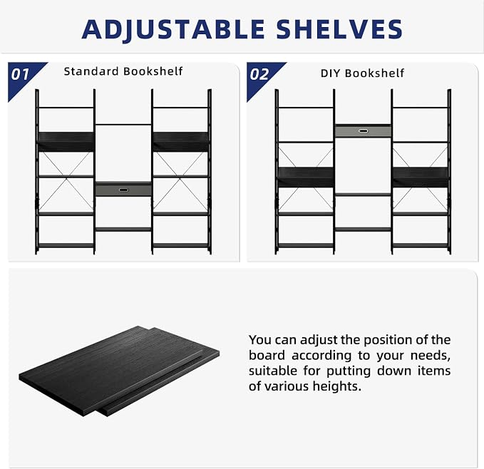 NUMENN Bookcases and Bookshelves Triple Wide 5 Tier Bookshelf, Large Etagere Bookshelf with Storage Drawer, Adjustable Open Display Shelves for Living Room, Bedroom, Home Office, Black