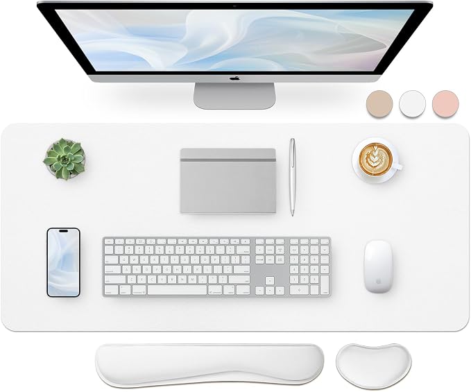 Bloss Leather Desk Pad and Keyboard Wrist Rest, Large Mouse Pad + Keyboard Pad+Mouse Wrist Support, Non-Slip Desk Mat Protector for Office, Home (35.4×15.7 Inches,White)