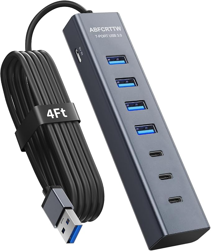 4Ft 7-Port USB Hub 3.0 for Desktop, 4 USB-A & 3 USB-C Ports Aluminium 5Gbps USB Extender Hub, USB Splitter, USB Hub Long Cable for Desktop, PC, Flash Drive, Mobile HDD SSD, Windows/XPS
