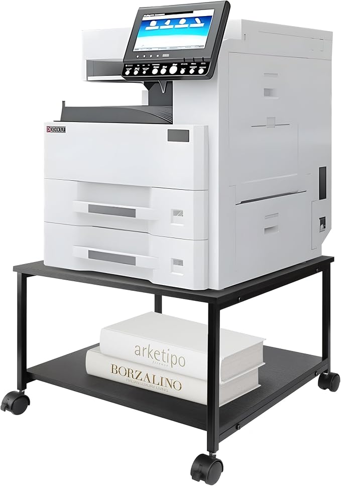 EMERIT 2-Tier Under Desk Printer Stand w/Storage - 19.5x19.5x12.8''Heavy Duty Rolling Cart, Mobile Printer Table with Lockable Wheels for Home Office Organization - Industrial Style