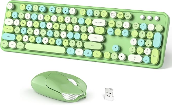 Dilter Wireless Keyboard and Mouse Combo, 104 Keys Full-Sized 2.4 GHz Round Keycap Colorful Keyboards, USB Receiver Plug and Play, for Windows, PC, Laptop, Desktop (Green Colorful)