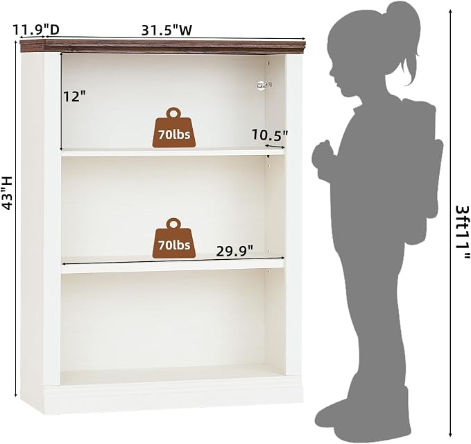 RWYHG 43" White Tall Bookshelf Set of 4,3-Tier Thick Wooden Book Shelf with Adjustable Shelves,Free Standing Farmhouse Bookcase with Open Display Storage,Floor Vintage Bookshelves for Living Room