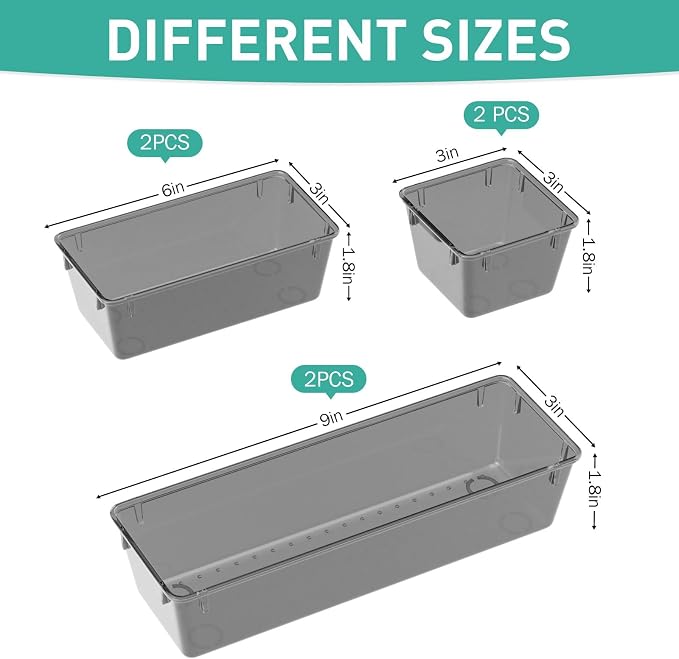 WOWBOX 6 Pack Clear Drawer Organizer Set, Acrylic Drawer Storage Trays, Storage Bins for Makeup, Cosmetics, Jewelries, Utensils, Gadgets, Office, Black