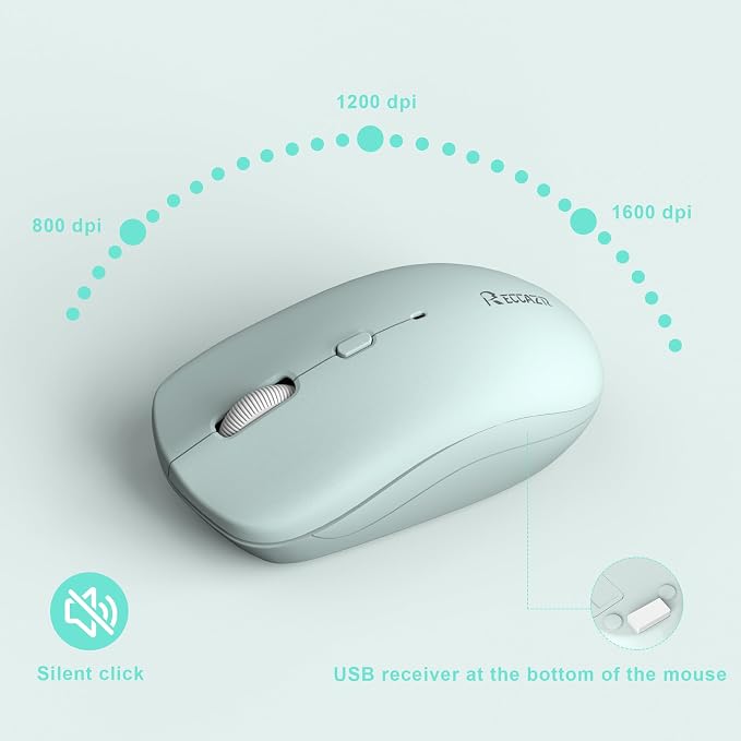 Silent Keyboard and Mouse Combo Wireless,ful-Sized Wireless Keyboard and Adjustable DPI Mouse, 2.4GHz USB Receiver, Keyboard and Mouse for PC, Windows, MAC, Desktop, Laptop (Mint Green-B)
