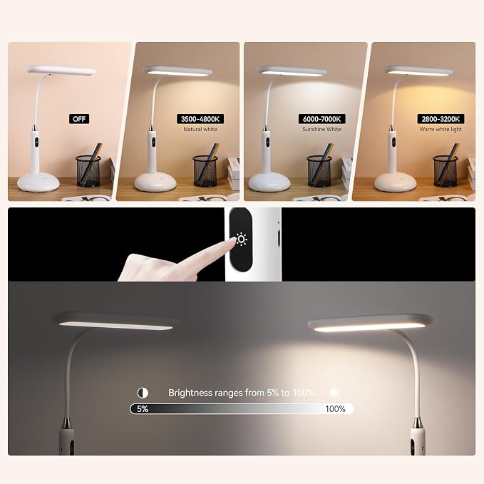 VAVOFO LED Desk Lamp 6778B - Touch Control, Adjustable 2700-7000K Color Temperature, 700 Lumens, 360° Flexible Gooseneck, USB-C Charging, 2.5hrs Cordless, Eye-Caring Light (White)