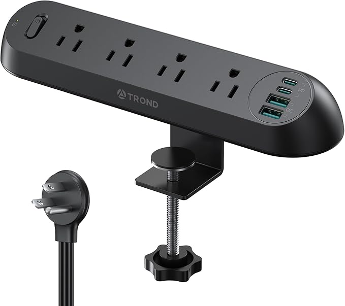 TROND Desk Clamp Power Strip USB C PD 20W- Surge Protector with 4 AC Outlets 4 USB Ports, Flat Plug 6ft Extension Cord, 1700J, ETL Listed, Fits 1.97 in Tabletop Edge, for Home Office Desk Accessories