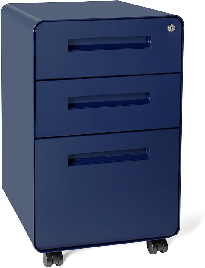 Laura Davidson Furniture Stockpile 3 Drawer File Cabinet with Lock - Under Office Desk Metal Filing Cabinet, Legal/Letter File Folders, Wheels and Stationary Feet, Pre-Assembled, Navy Blue