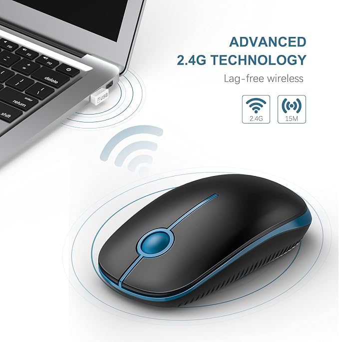Vssoplor Wireless Mouse, 2.4G Slim Portable Computer Laptop Mouse with Nano Receiver Quiet Silent Optical Mice for Notebook, PC, Laptop, Computer-Black and Sapphire Blue
