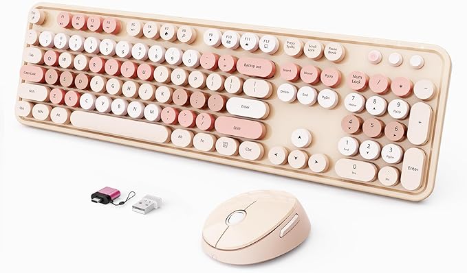 Wireless Keyboard and Mouse Combo, Ergonomic Full Size Typewriter Retro Round Keycaps Keyboard, Compatible with Windows, PC, Perfer for Home and Office Keyboards (Chocolate Color)