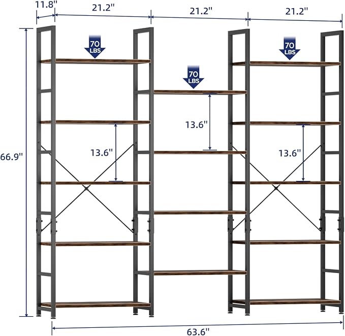 NUMENN Triple 5 Tier Bookshelf, Wide Book Shelf with 14 Open Display Shelves, Modern Tall Bookcase Furniture for Living Room Home Office, Vintage