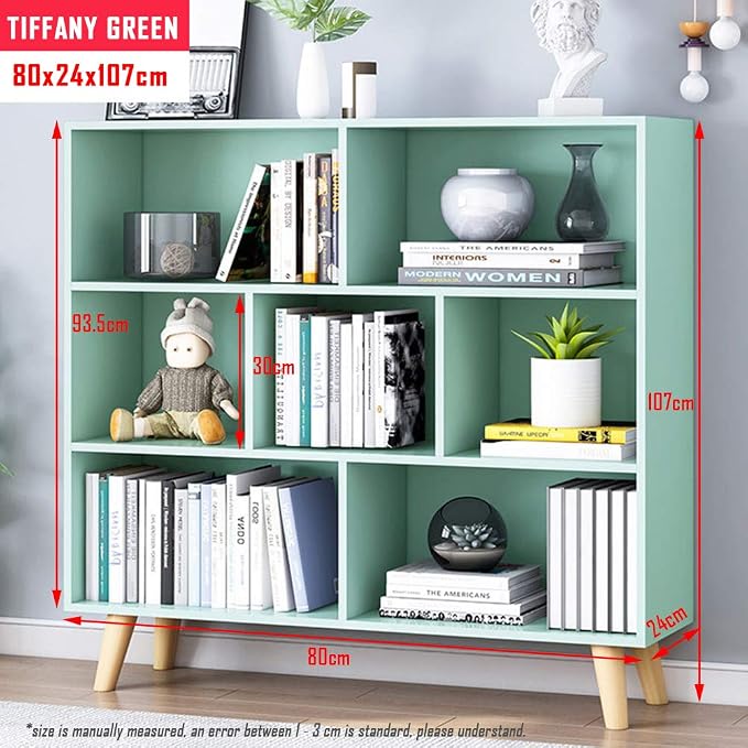 IOTXY Wooden Open Shelf Bookcase - 3-Tier Floor Standing Display Cabinet Rack with Legs, 7 Cubes Bookshelf, Tiffany-Green